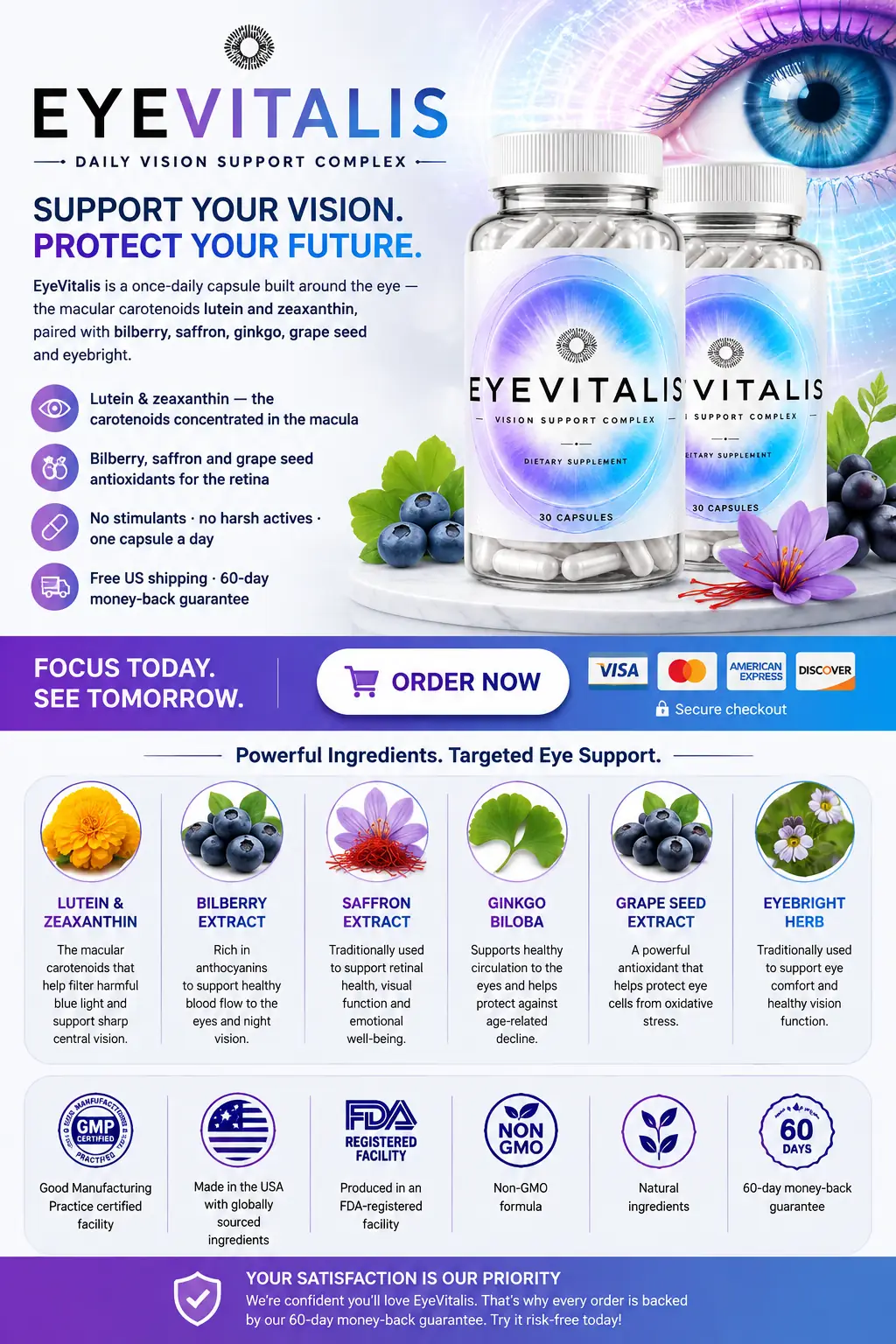 EyeVitalis verified ingredients overview: Lutein, Zeaxanthin, Bilberry, Saffron, Ginkgo Biloba, Grape Seed, Eyebright
